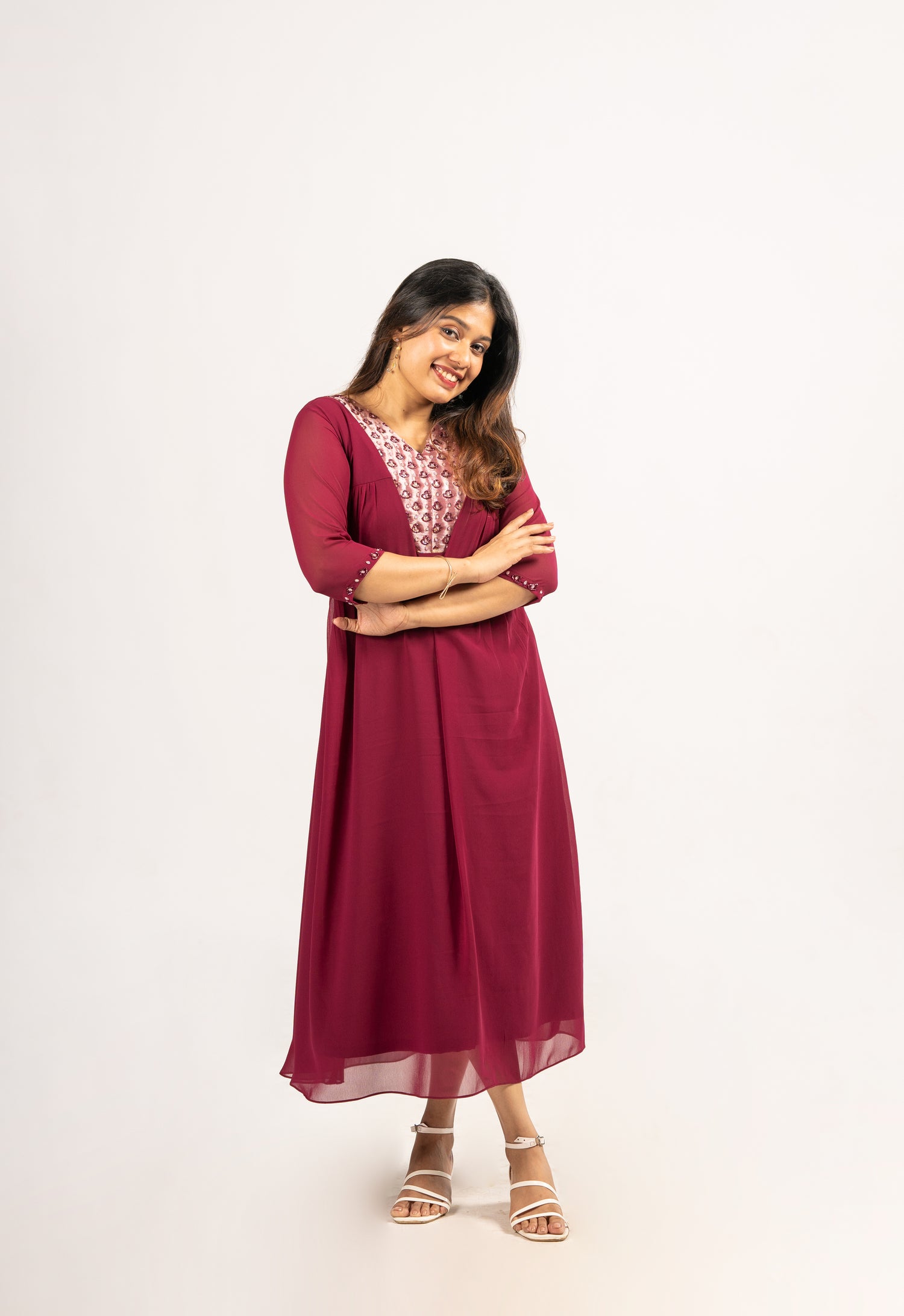 Floral Hand Embroidered Woven Stripes Straight Fit Kurta - Burgundy – FASHOR